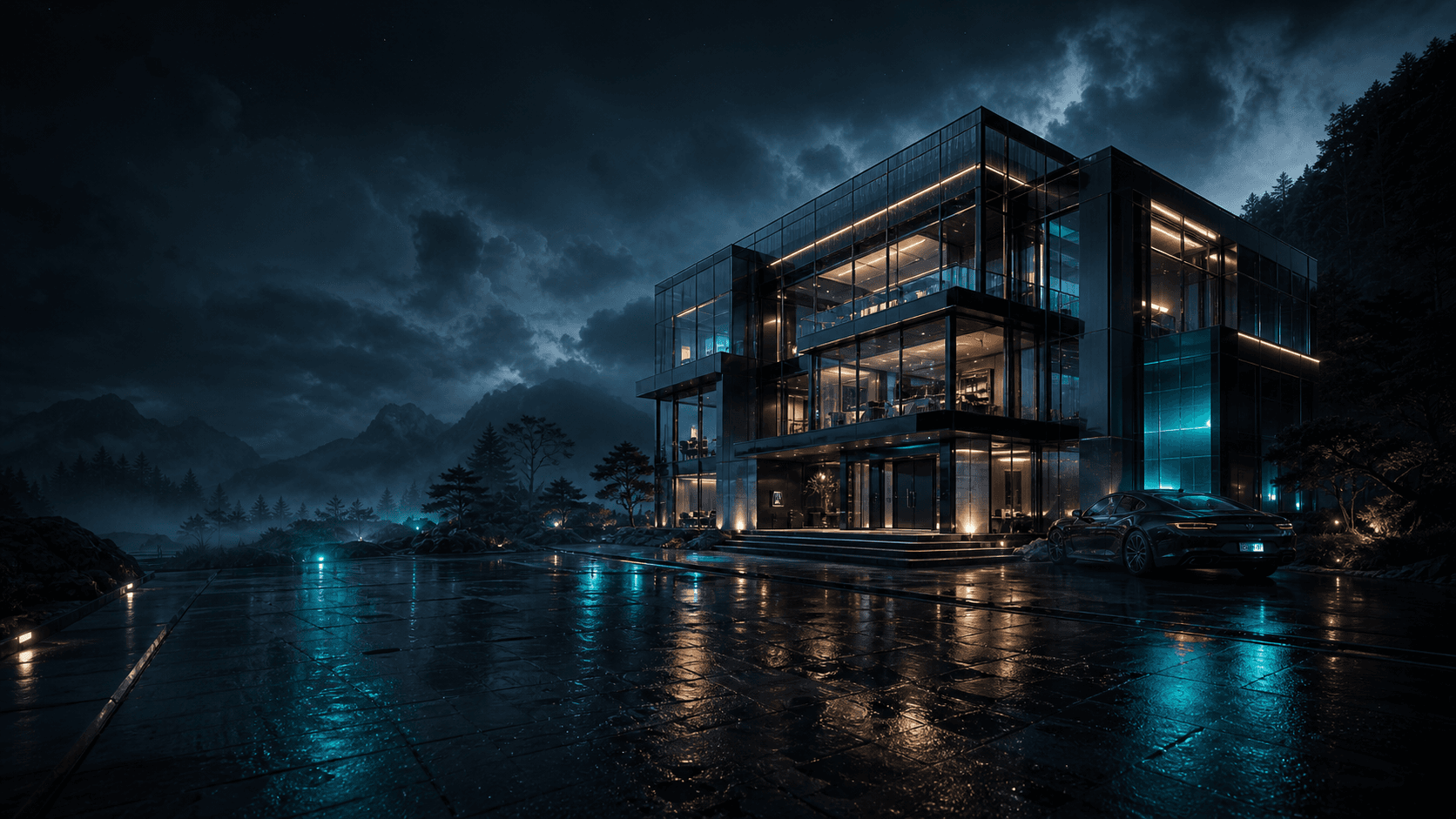 Futuristic luxury glass architecture at night with cinematic teal lighting